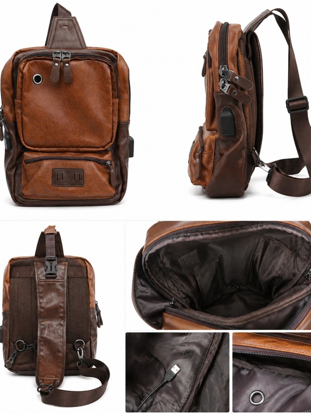 Vintage Style Brown Faux Leather Sling Backpack USB Charging Crossbody Chest Bag